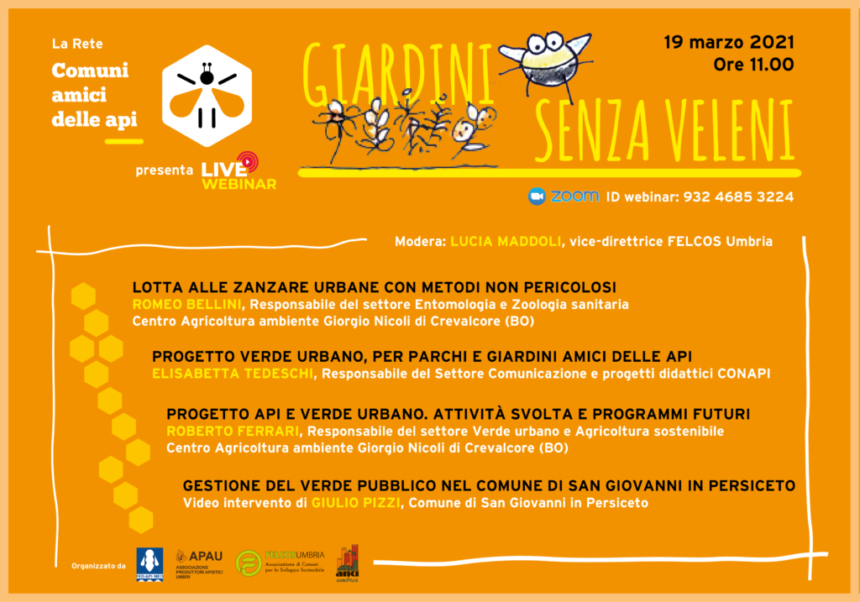 È in arrivo “Giardini senza veleni”, il primo webinar organizzato dalla Rete Comuni Amici delle Api